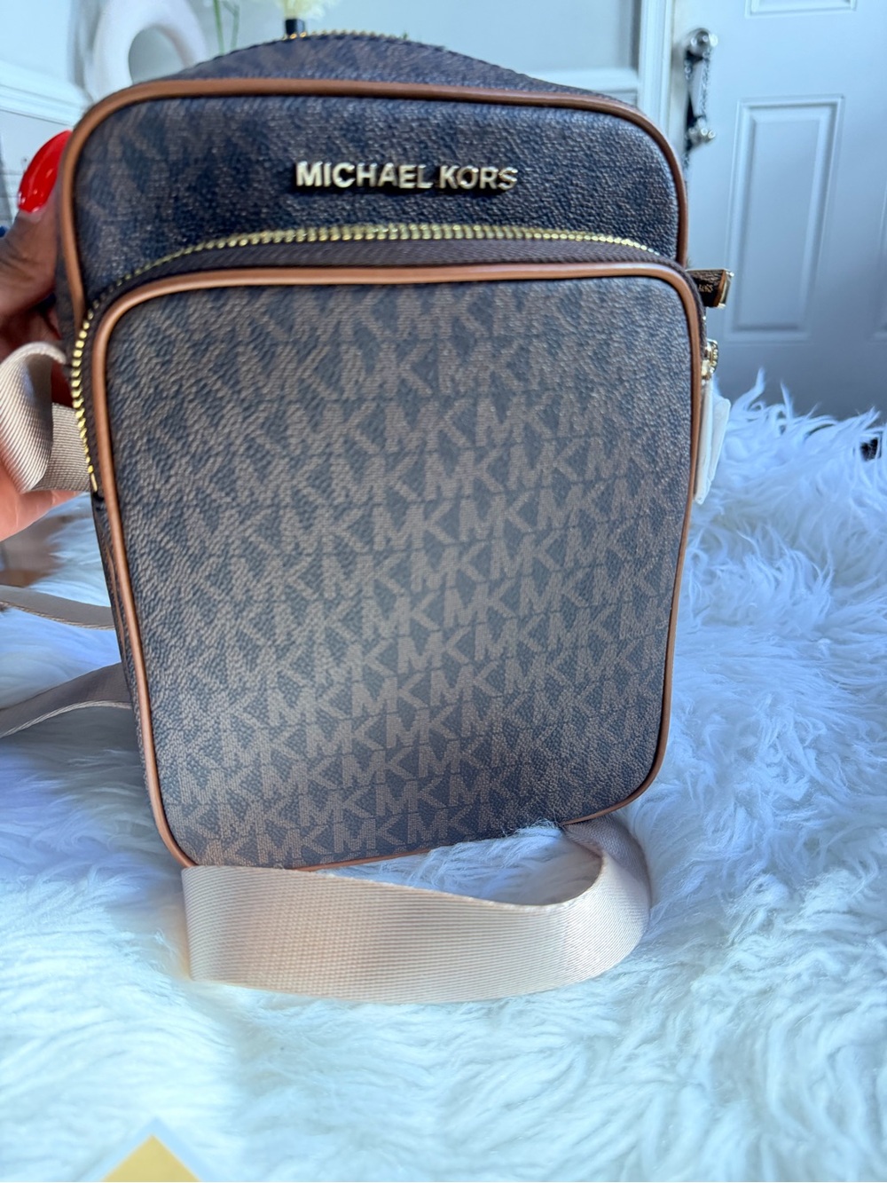 Michael Kors Brown Logo Messenger Bag with Cream Strap
